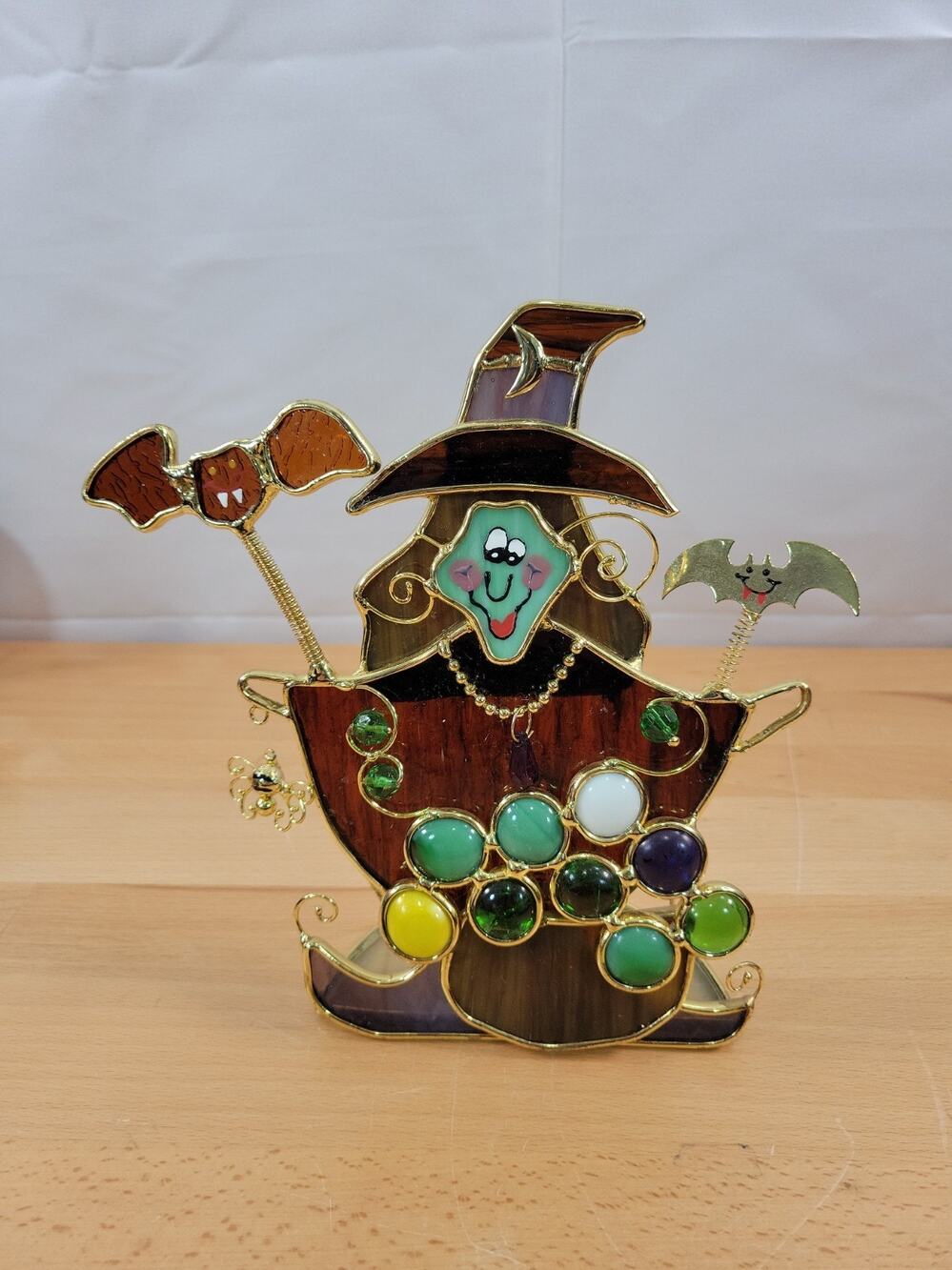 Halloween Stained Glass Witch Tea Light Candle Holder with Spider and Bats